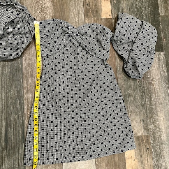 Eggie Delilah Gray Polka Dot Off Shoulder Puff Sleeve Mini Dress Wool Blend S - Picture 6 of 10